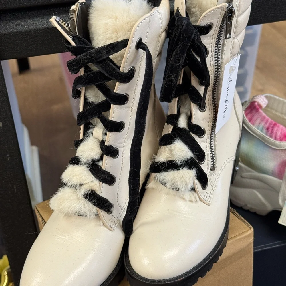 Coach Ivory Lace-Up Boots with Black Accents